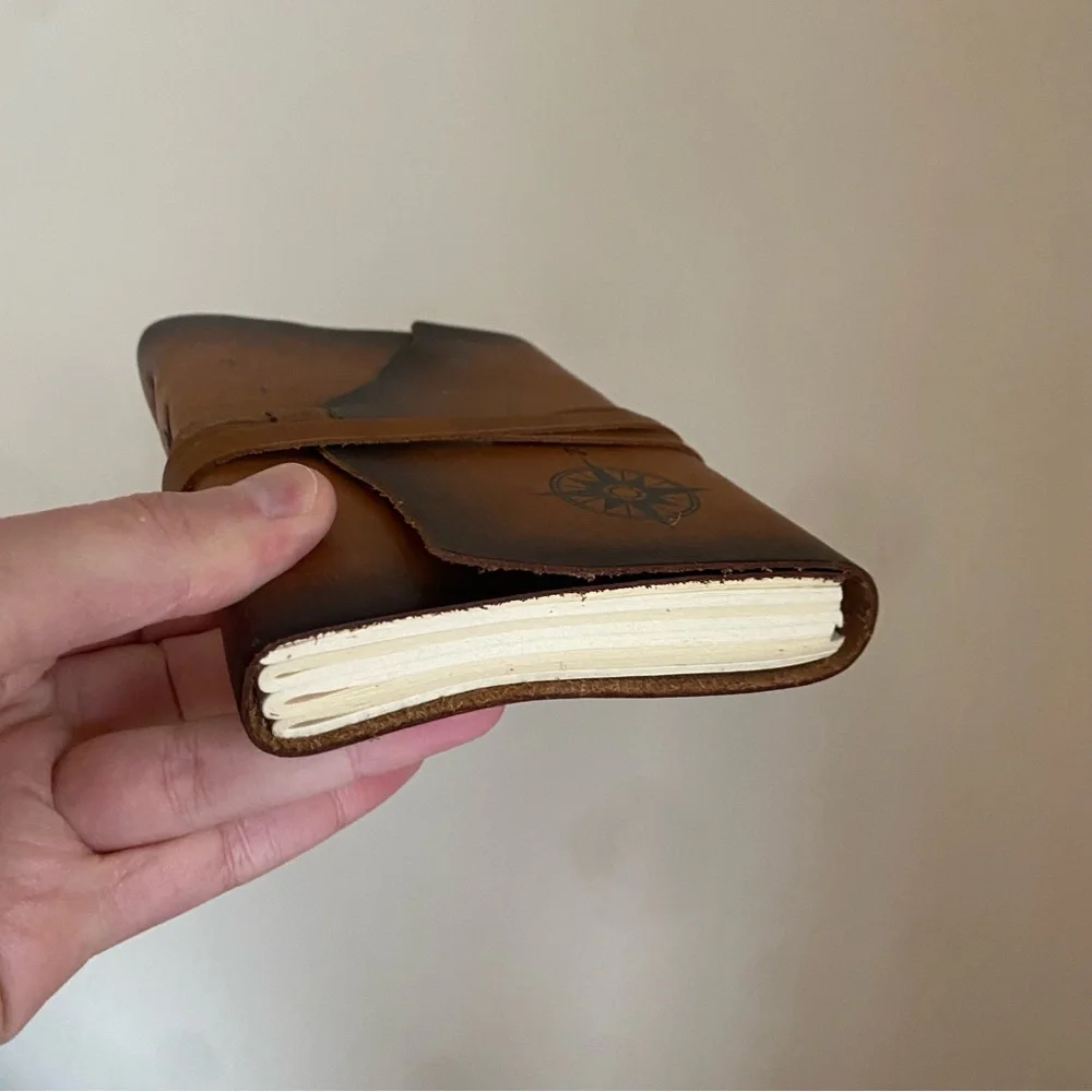 Small Brown Leather Journal with Compass Design and Leather Wrap Closure